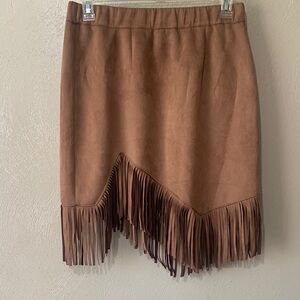 13. Furfur Tan Suede Fringe Asymmetrical Mini Skirt